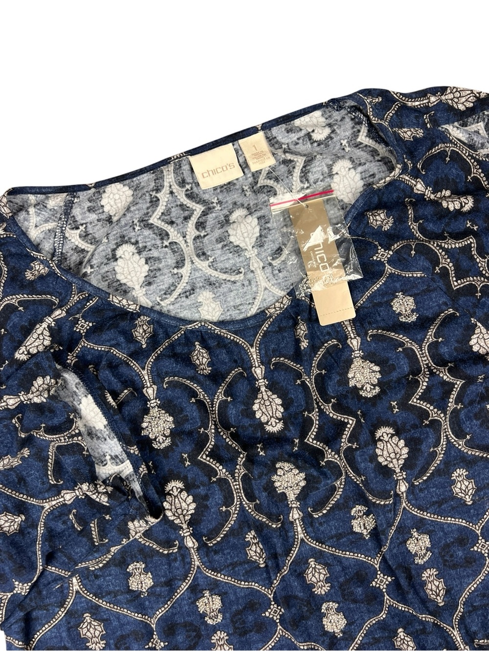 Chico's Knit Top Womens 1 Cold Shoulder Elaborate medallion Blue Rhinestone NWT